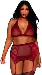 Ensemble 4 pièces grande taille soutien gorge, tour de cou, string et porte jarretelles rouge Rouge