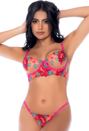 Ensemble 2 pièces résille brodée rose et bleue, soutien gorge et string Rose