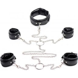 EasyToys - Ensemble bondage collier & menottes en cuir - Noir