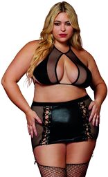 Soutien gorge et jupe porte jarretelles grande taille en résille et simili cuir Noir