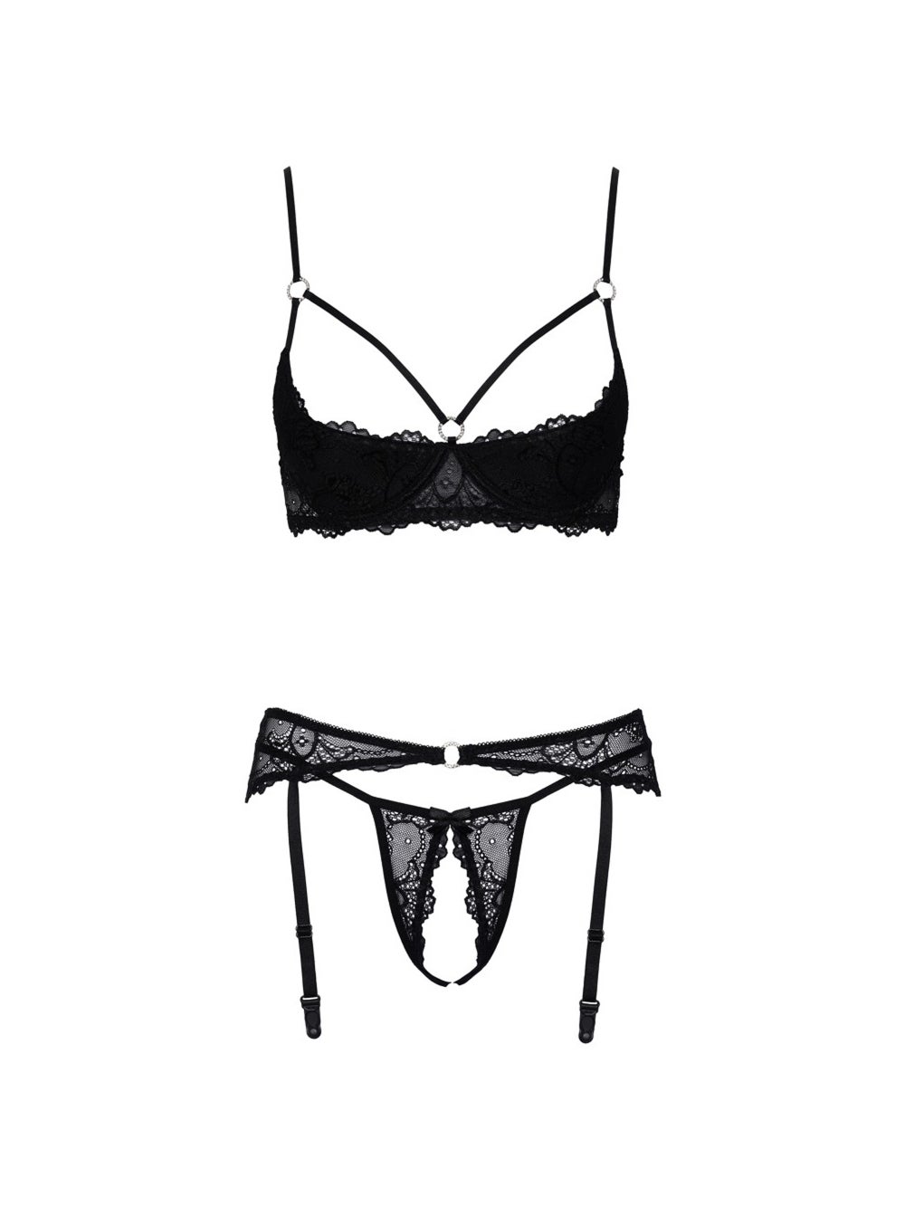 Ensemble 3 pièces ouvert dentelle & anneaux scintillants noir