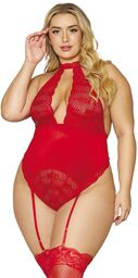 Body ouvert à l'entrejambe avec porte-jarretelles rouge grande taille Rouge