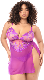 Babydoll grande taille en résille brodée florale et string Violet