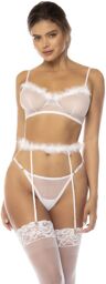 Ensemble 3 pièces blanc Emmie, soutien gorge, porte jarretelles avec fausse fourrure et string assorti Blanc