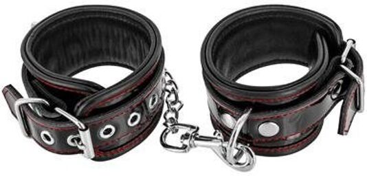 Menottes Premium en Cuir Vernis Noires et Coutures Rouges
