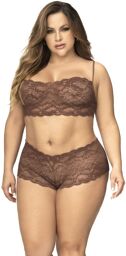 Ensemble 2 pièces en dentelle grande taille, top à bretelles et shorty couleur cacao Cacao
