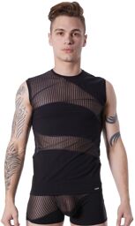 T-shirt débardeur noir col rond opaque et transparent avec fines rayures Noir