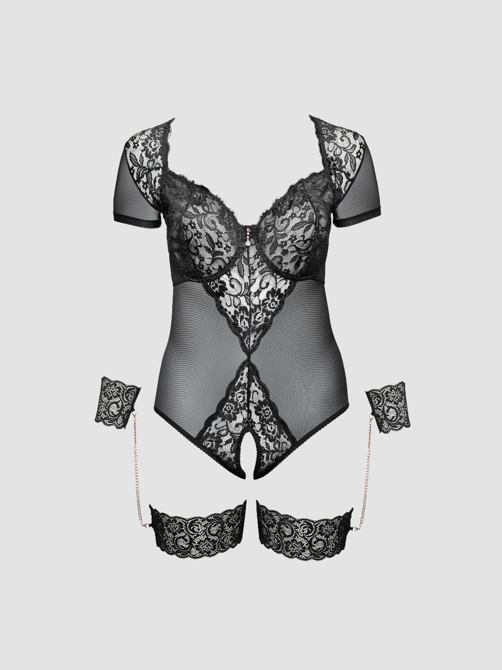 Body Ouvert, Jarretières & Menottes Dentelle Noir