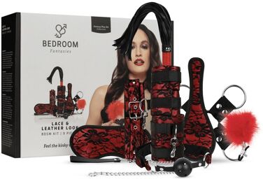 - Aspect dentelle et cuir - Ensemble de bondage 8 pièces - Rouge