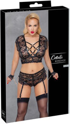 Set en dentelle avec menottes et porte-jarretelles Noir