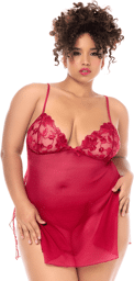 Babydoll grande taille brodée avec string Rouge