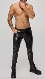 H067 Pantalon long en wetlook serpent avec poches arrière Noir