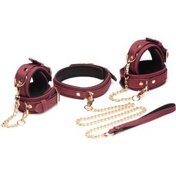 Ensemble BDSM 6 pièces en daim avec menottes, collier et sangle - Bordeaux