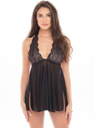 Nuisette noire col échancré, dos nu et string assorti - REN51011-BLK Noir