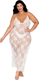 Nuisette longue blanche grande taille en dentelle florale, string assorti Blanc
