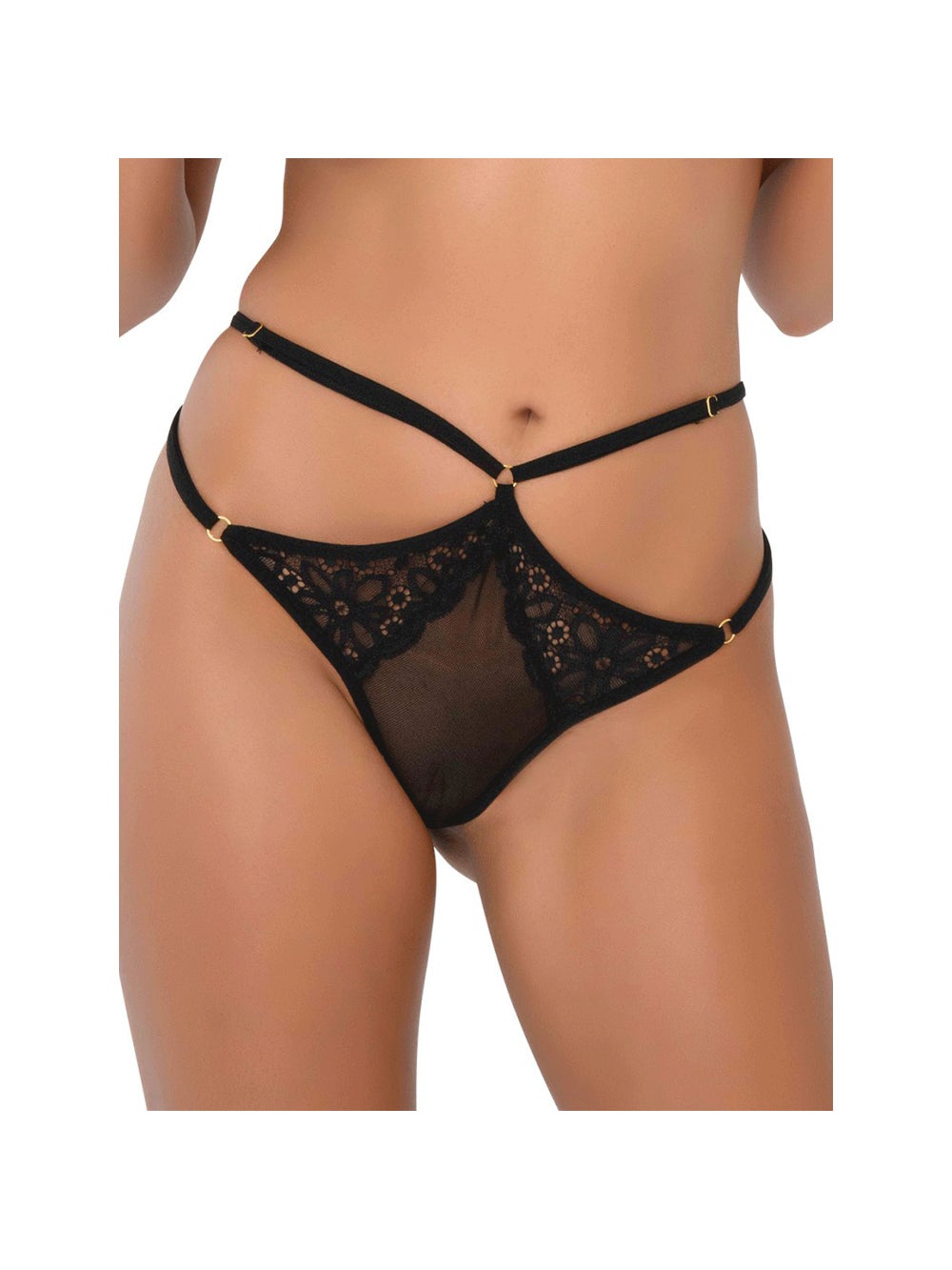 String ouvert dentelle & lanière noir