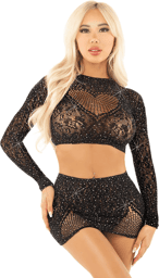 Crop Top et Mini-Jupe avec Strass Noir Noir