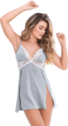 Nuisette en coton grise fendue sur les côtés et finition dentelle blanche Gris