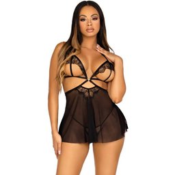 – Babydoll Dentelle & Résille Avec String – Noir