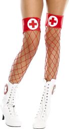 Bas filet rouges autofixants jarretières brillantes et croix infirmière Rouge