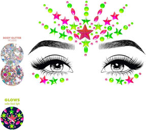 Autocollants de bijoux pour visage Vibe Neon avec effet lumière noire MULTICOLOR