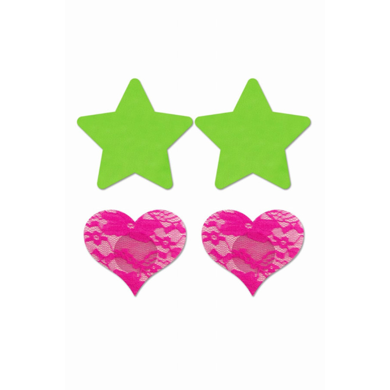 Set caches-tétons étoile vert fluo et cœur rose fluo
