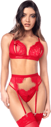 Mapalé Ensemble sexy 3 pièces peek-a-boo en dentelle avec string et porte-jarretelles Rouge