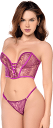 Ensemble sexy 2 pièces bustier & string en dentelle satinée Rose