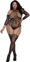 Bodystocking grande taille résille effet bas jarretelles Noir