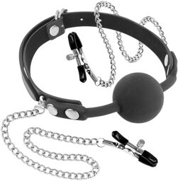 Bâillon à boule avec pinces à seins Noir