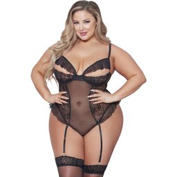 Teddy Noir en Dentelle et Maille avec Jarretelles Amovibles Grande Taille
