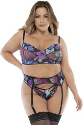 Ensemble trois pièces noir, grande taille, imprimé fleurs exotiques Imprimé floral