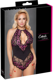 Body transparent en dentelle florale avec ouverture érotique Noir