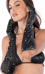 Une paire de gants satinés noirs avec strass Noir Strass